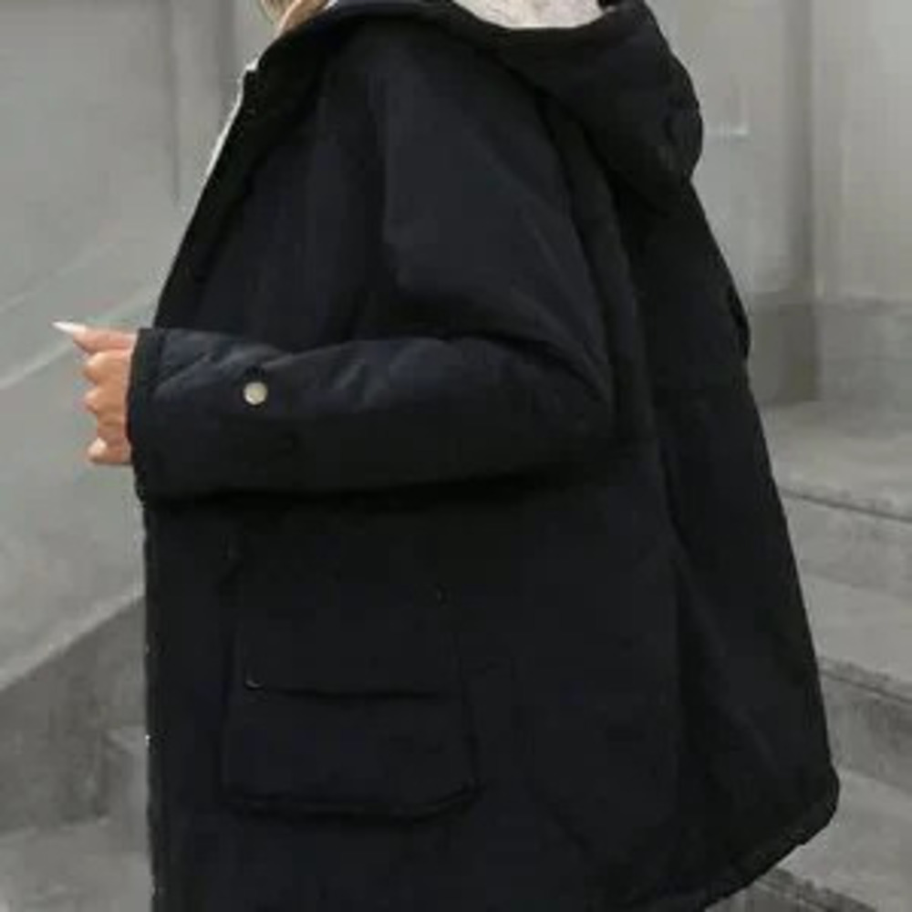 Black Casual Women's Hooded Zip-Up Padded Coat